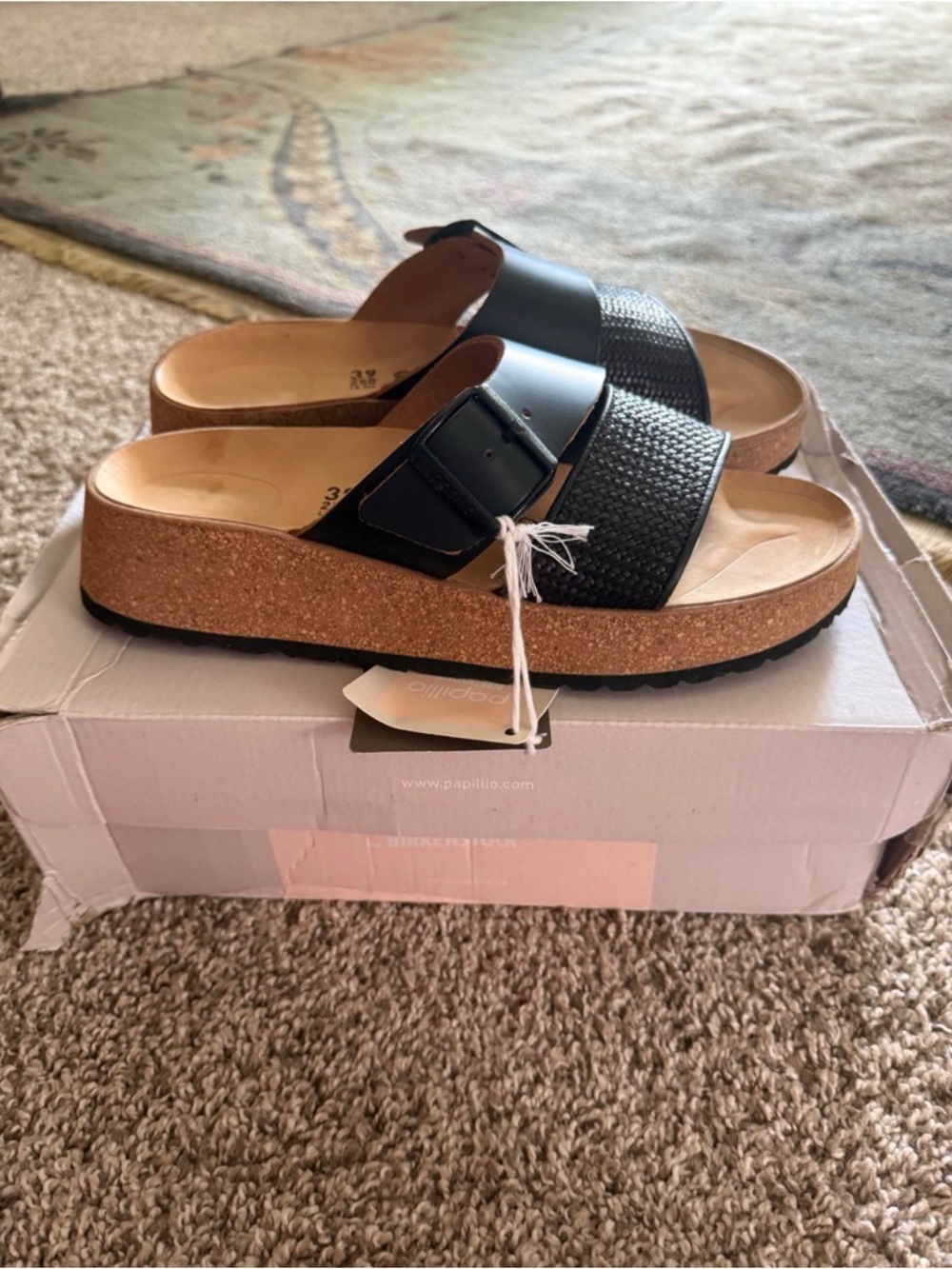 Birkenstock Black Double-Band Cork Platform Slide Sandals
